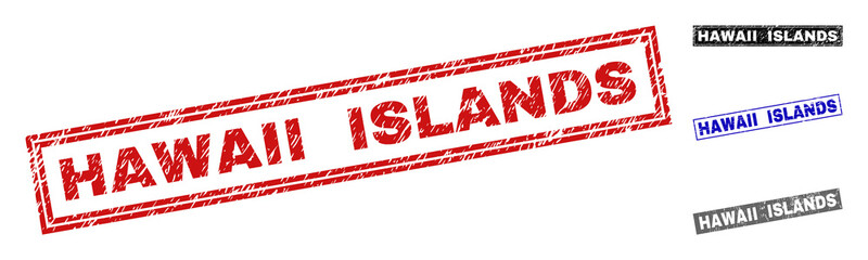 Grunge HAWAII ISLANDS rectangle stamp seals isolated on a white background. Rectangular seals with grunge texture in red, blue, black and grey colors.