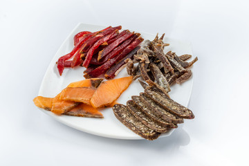 Smoked meat to beer. venison, meat sausage, salted red fish. beer kit. Meat dish