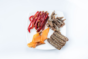 Smoked meat to beer. venison, meat sausage, salted red fish. beer kit. Meat dish