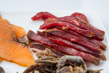 Smoked meat to beer. venison, meat sausage, salted red fish. beer kit. Meat dish