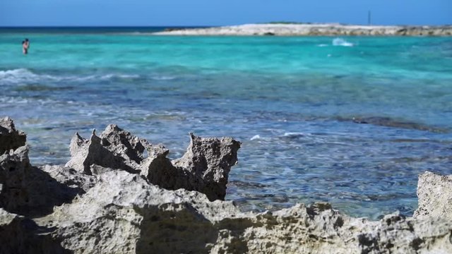 A Caribbean coral foreground at the waters edge with two people swimming in the background at the Bahamas
