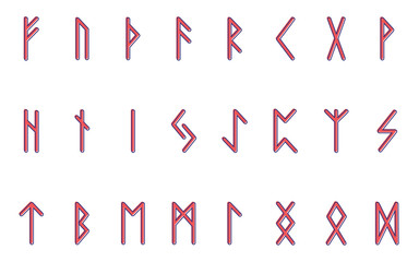 Set of ancient Norse runes. Runic alphabet. Futhark. Ancient occult symbols. Vector illustration. Old Germanic letters of red color on a white background