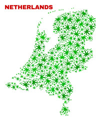 Vector marijuana Netherlands map mosaic. Concept with green weed leaves for marijuana legalize campaign. Vector Netherlands map is composed with weed leaves.