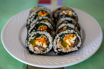 Kimbap filled with vegetables, egg and eanchovy