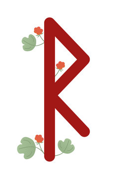 Fleece Scandinavia. Vector illustration of runes raido. The symbol of the letter Futhark. Spiritual esoteric. Fleece with leaves and flowers