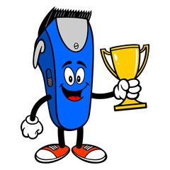 Electrical Hair Clipper Mascot with a Trophy - A vector cartoon illustration of a barber shop electrical hair clipper mascot holding a Trophy.
