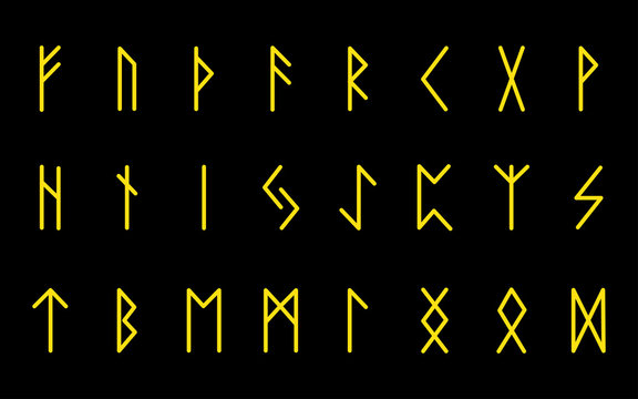 Set of ancient Norse runes. Runic alphabet, Futhark. Ancient occult symbols. Vector illustration. Old German yellow gold letters on a black background