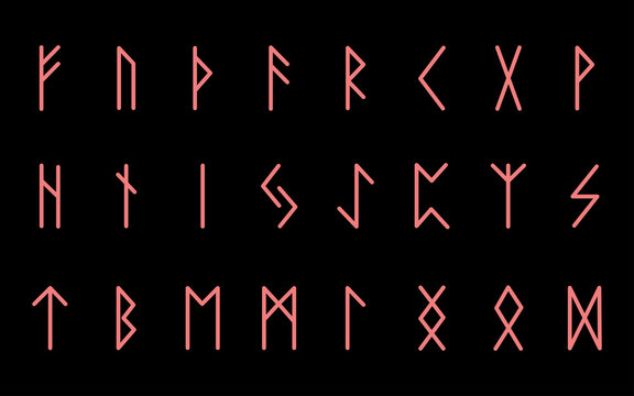Set of ancient Norse runes. Runic alphabet, Futhark. Ancient occult symbols. Vector illustration. Old german pink coral letters on black background