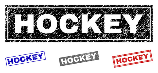 Grunge HOCKEY rectangle watermarks isolated on a white background. Rectangular seals with grunge texture in red, blue, black and gray colors.