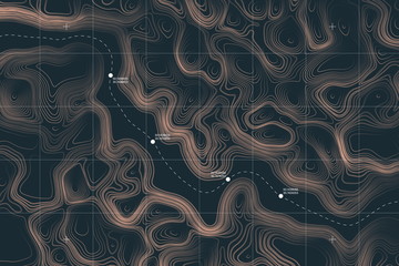 View From Above Alien Terrain Conceptual Vector Topographic Map With Route And Coordinates User Interface Abstract Background. Topographic Cartography. Topographic Map. Topographic Relief © yamonstro
