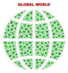 Vector cannabis planet globe collage. Template with green weed leaves for hemp legalize campaign. Vector planet globe is formed with weed leaves.