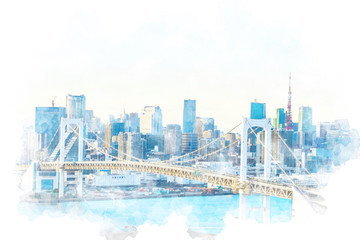お台場から見た都市風景 Tokyo city skyline , Japan.  Illustration of watercolor painting style.