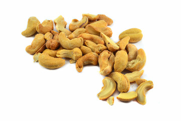 Cashew nuts baked salt for snack isolated on white background