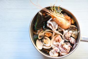 Shellfish seafood plate with shrimps prawns mussel squid ocean gourmet dinner seafood