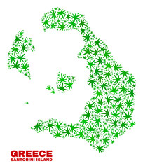 Vector marijuana Santorini Island map mosaic. Concept with green weed leaves for marijuana legalize campaign. Vector Santorini Island map is formed with marijuana leaves.