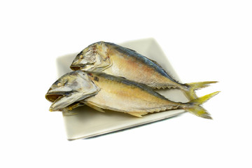Steamed Mackerel fish on plate isolated on white background