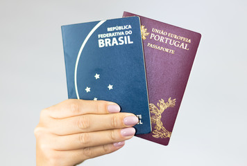 Hand holding Brazilian passport (Translation 
