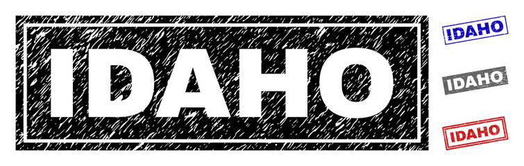 Grunge IDAHO rectangle stamp seals isolated on a white background. Rectangular seals with grunge texture in red, blue, black and gray colors.