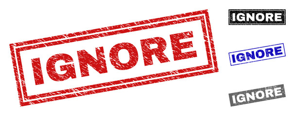 Grunge IGNORE rectangle stamp seals isolated on a white background. Rectangular seals with distress texture in red, blue, black and gray colors.