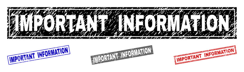 Grunge IMPORTANT INFORMATION rectangle stamp seals isolated on a white background. Rectangular seals with grunge texture in red, blue, black and gray colors.