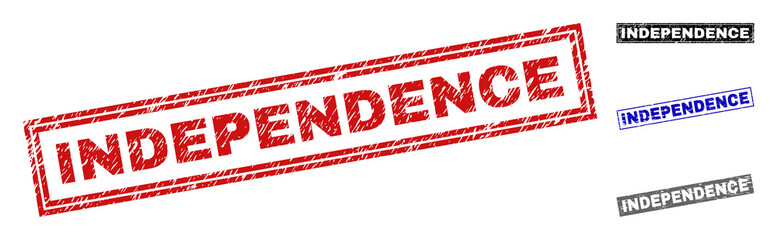 Grunge INDEPENDENCE rectangle stamp seals isolated on a white background. Rectangular seals with grunge texture in red, blue, black and gray colors.