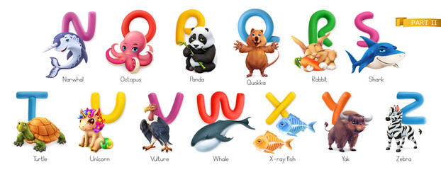 Obraz na płótnie Canvas Zoo alphabet. Funny animals, 3d vector icons set. Letters N - Z Part 2. Narwhal, octopus, panda, quokka, rabbit, shark, turtle, unicorn, vulture, whale, x-ray fish, yak, zebra