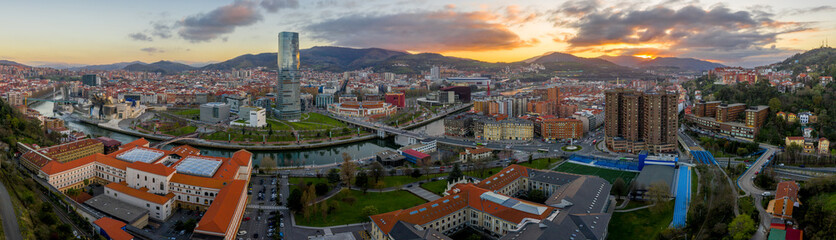 Fototapeta na wymiar Bilbao waterfront during sunset Basque Country Spain aerial view
