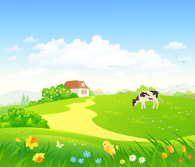 Vector cartoon drawing of a green country scenery with a grazing cow