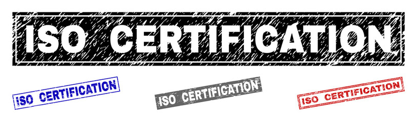 Grunge ISO CERTIFICATION rectangle stamp seals isolated on a white background. Rectangular seals with grunge texture in red, blue, black and grey colors.