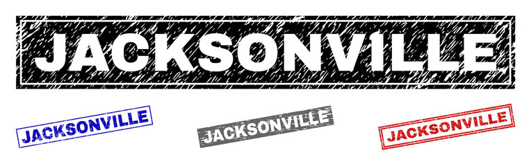 Obraz premium Grunge JACKSONVILLE rectangle stamp seals isolated on a white background. Rectangular seals with grunge texture in red, blue, black and grey colors.