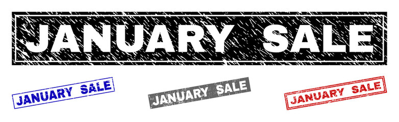 Grunge JANUARY SALE rectangle stamp seals isolated on a white background. Rectangular seals with distress texture in red, blue, black and gray colors.