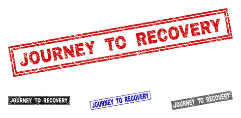 Grunge JOURNEY TO RECOVERY rectangle stamp seals isolated on a white background. Rectangular seals with grunge texture in red, blue, black and gray colors.