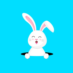 Cute cartoon white rabbit. Happy Easter holiday concept. Vector illustration isolated on blue background.