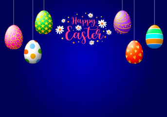 Happy Easter background with hanging Easter eggs. Illustration on blue background.