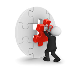 3d businessman in black suite assembling final puzzle piece