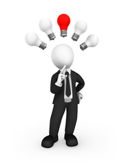 3d white businessman with red idea lamp.