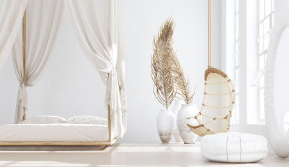 Open bedroom with living room, Scandinavian bohemian style, 3d render