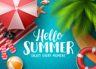 Hello summer in the beach vector background. Hello summer text with colorful beach elements like ball, lifebuoy and umbrella under palm tree in blue background. Vector illustration. - obrazy, fototapety, plakaty