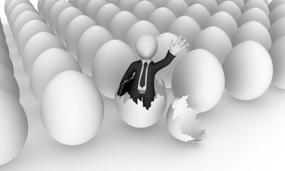3d businessman in black suite was born from egg.