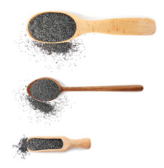 Set of scoop and spoons with poppy seeds on white background