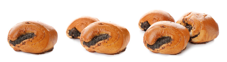 Set of freshly baked buns with poppy seeds on white background
