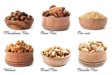 Set of bowls with different organic nuts on white background