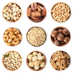 Set of bowls with different organic nuts on white background, top view