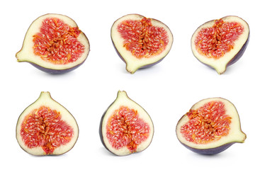 Set of cut delicious ripe figs on white background