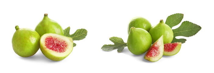 Set of delicious ripe figs on white background