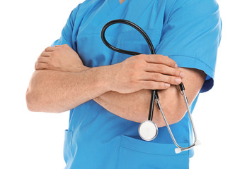 Medical assistant with stethoscope on white background, closeup