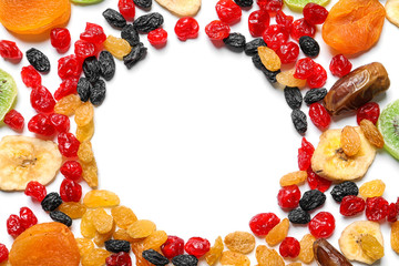 Frame made of different dried fruits on white  background, top view with space for text. Healthy lifestyle