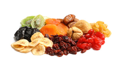 Different dried fruits on white background. Healthy lifestyle