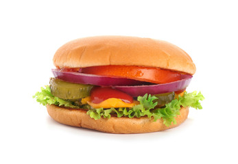 Tasty burger on white background. Traditional American food