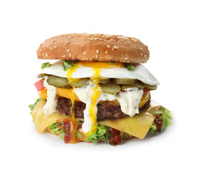 Tasty burger with fried egg on white background